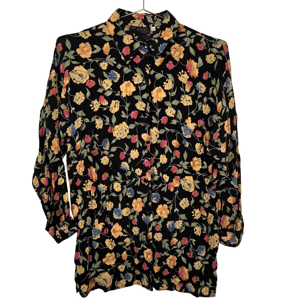 Opal Vintage 90s Floral‎ Button Down Shirt Black Viscose Crepe Long Sleeve Small